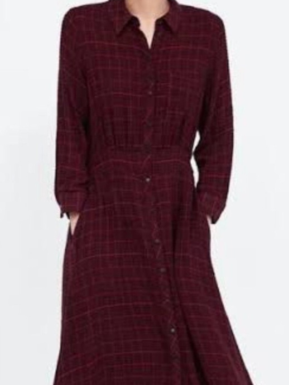 Zara Burgundy Plaid Belted Button Front Midi Shirt Dress